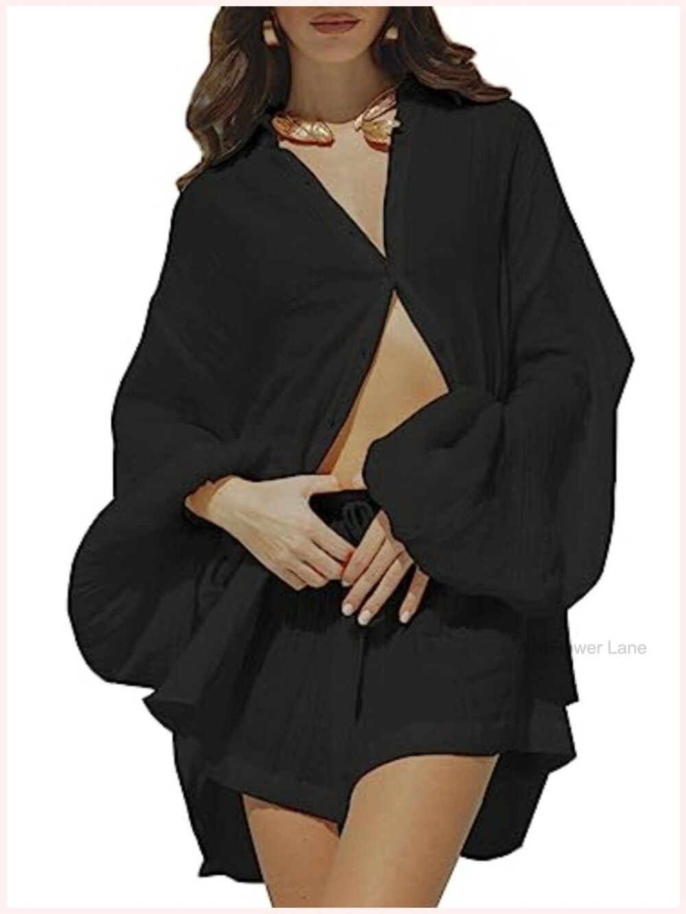 Women's 2 Piece Shorts Set Lantern Sleeve Button Down Shirt High Waisted